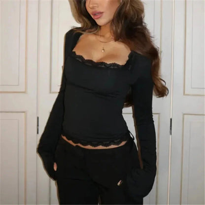 Women’s Lace Trim Long Sleeve Crop Top