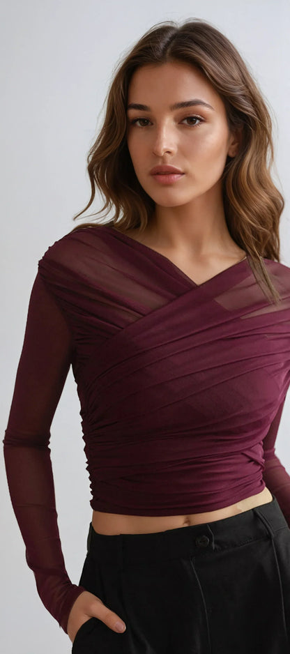 Women's Sheer Pleated Long Sleeve Top