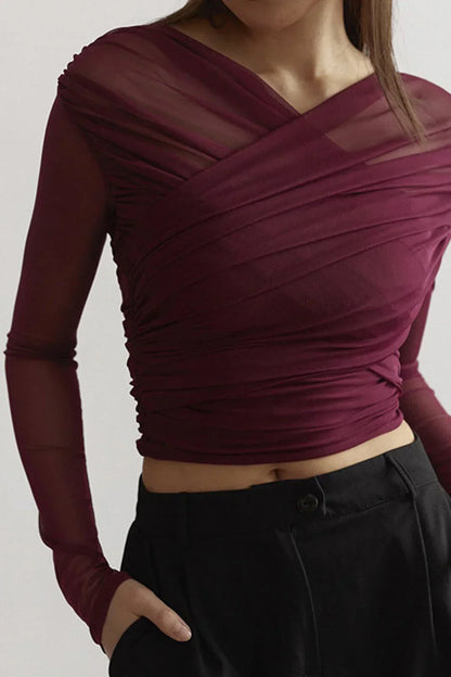 Women's Sheer Pleated Long Sleeve Top