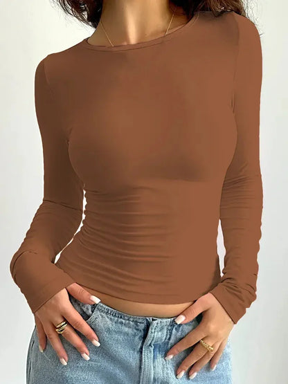 Women’s Ruched Long Sleeve Fitted Slim Fit Crew Neck Top