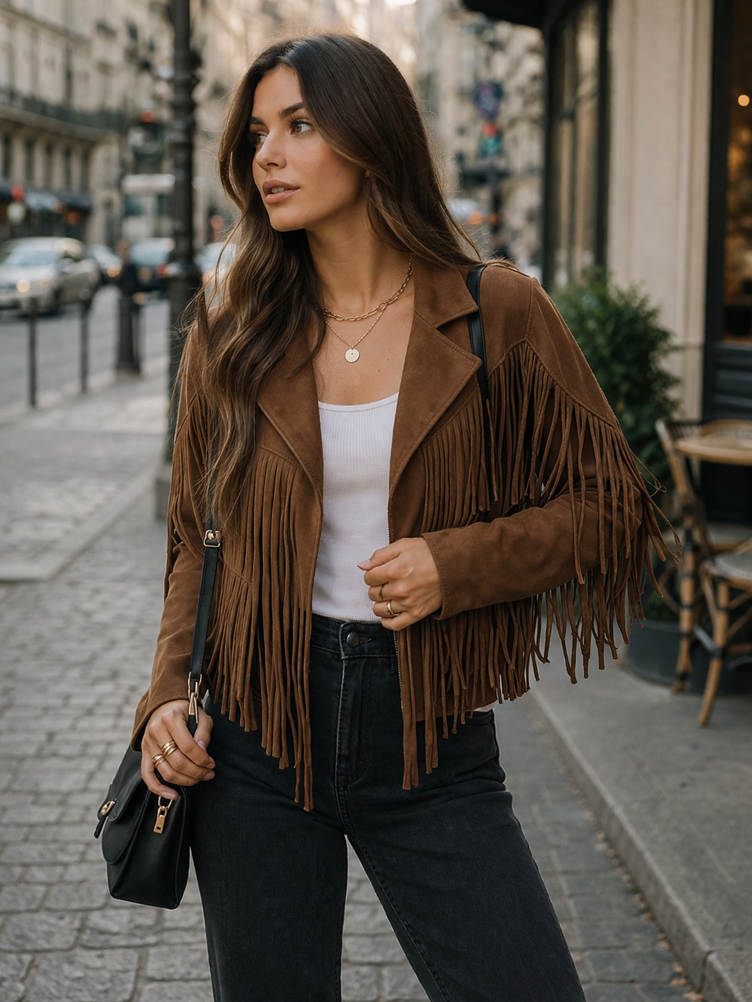 Suede Fringe Moto Jacket with Lapel Collar