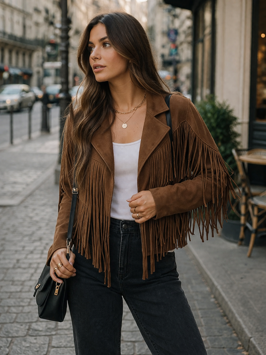 Suede Fringe Moto Jacket with Lapel Collar
