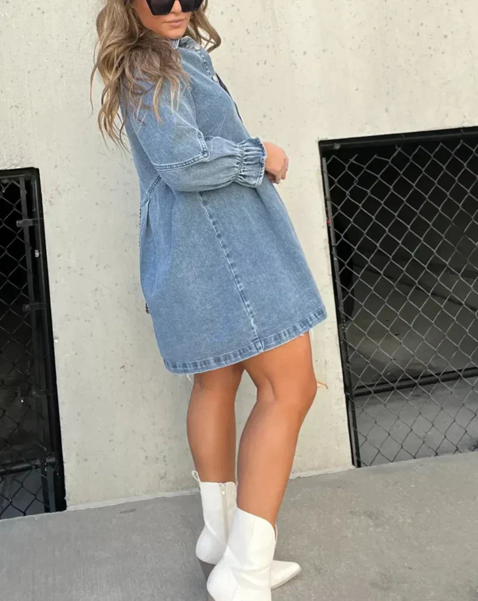 Button-Down Denim Dress with Ruffle Sleeves for Women