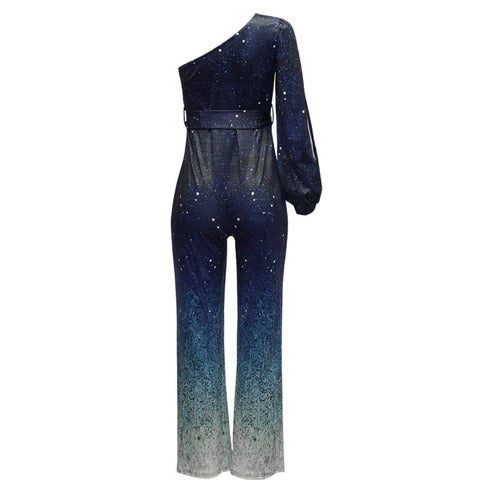 Women's One-Shoulder Ombre Flared Disco Jumpsuit