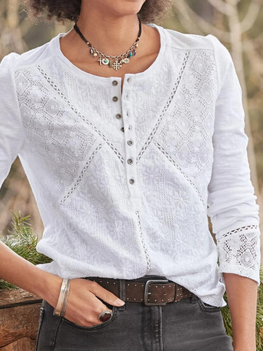Women's Lace Crew Neck Long Sleeve Blouse