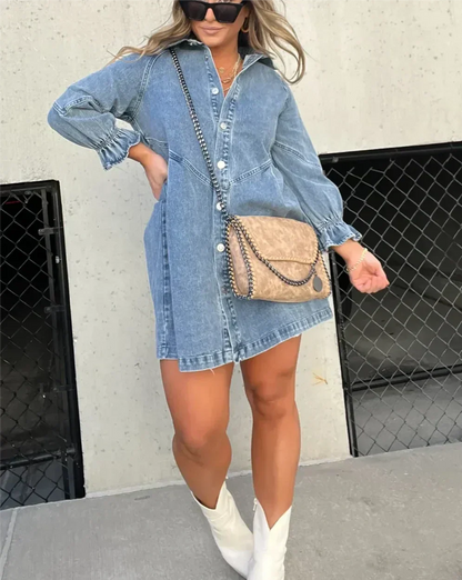 Button-Down Denim Dress with Ruffle Sleeves for Women