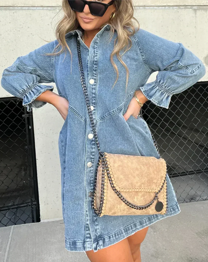 Button-Down Denim Dress with Ruffle Sleeves for Women