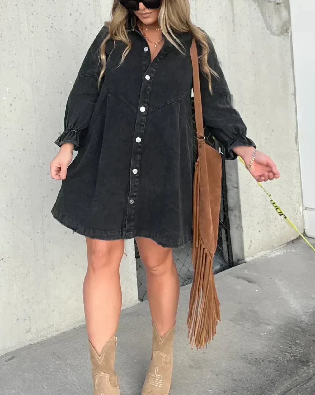 Button-Down Denim Dress with Ruffle Sleeves for Women