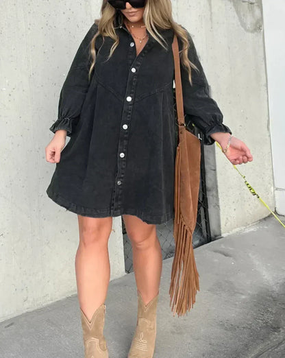 Button-Down Denim Dress with Ruffle Sleeves for Women