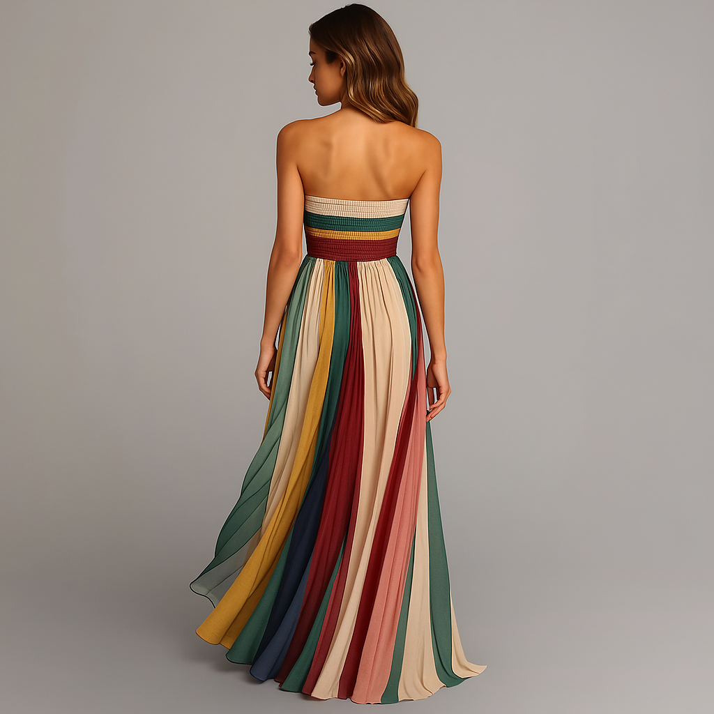 Women's Strapless Fitted Bodice Pleated Panel Maxi Dress