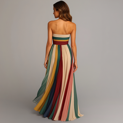 Women's Strapless Fitted Bodice Pleated Panel Maxi Dress
