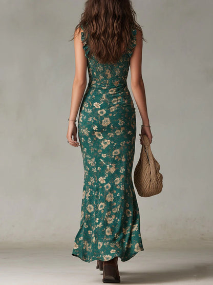 Women’s Floral Boho Maxi Dress with Ruffle Straps and High Slit