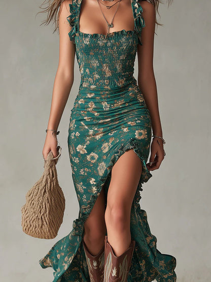Women’s Floral Boho Maxi Dress with Ruffle Straps and High Slit