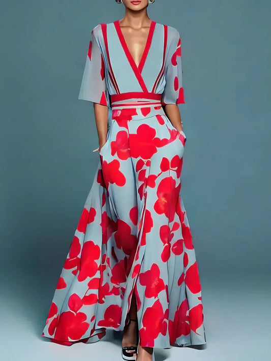 Women’s Oversized Floral Maxi Dress with Wrap Neck and Flowing Silhouette