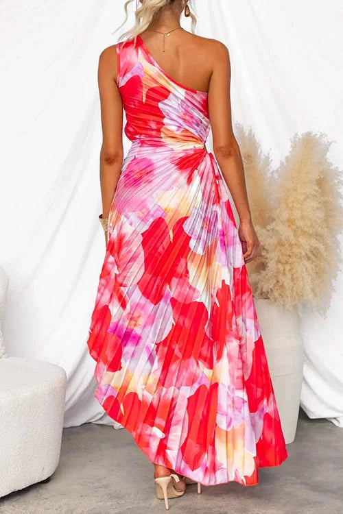 Women’s One-Shoulder Floral Maxi Dress with Draped Waist
