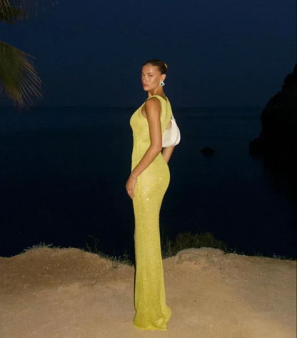 Women’s Sleeveless Glitter Bodycon Maxi Dress with Scoop Neckline