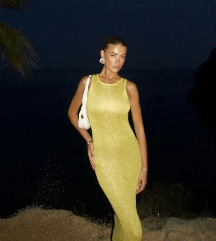 Women’s Sleeveless Glitter Bodycon Maxi Dress with Scoop Neckline
