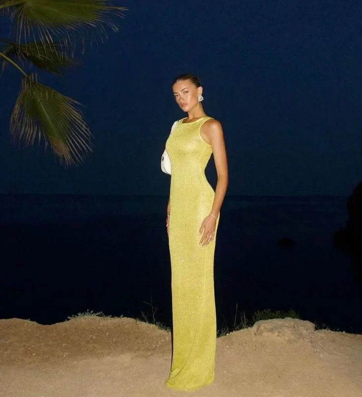 Women’s Sleeveless Glitter Bodycon Maxi Dress with Scoop Neckline