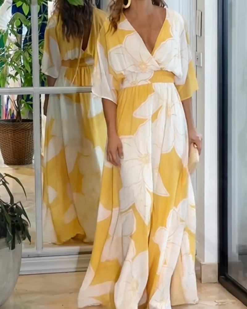 Women’s Floral Print Maxi Dress with V-Neckline and Flutter Sleeves