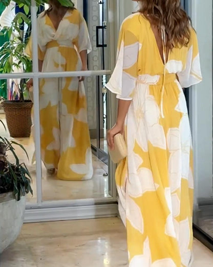 Women’s Floral Print Maxi Dress with V-Neckline and Flutter Sleeves