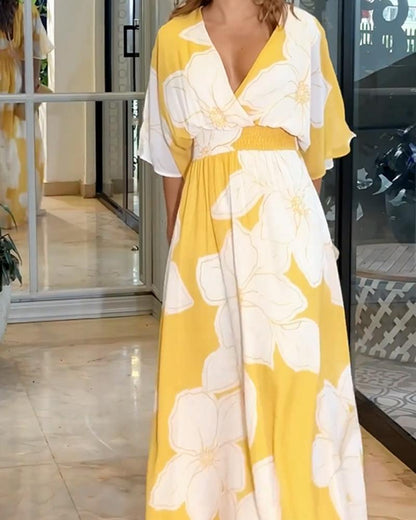 Women’s Floral Print Maxi Dress with V-Neckline and Flutter Sleeves