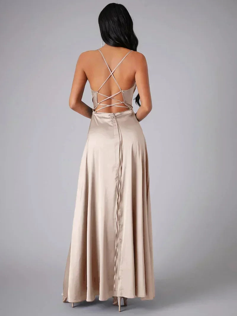 Alvaree Satin Maxi Evening Dress with High Slit and Open Back