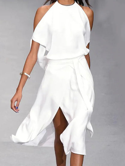 Women's Halter Neck Midi Dress with Flowy Wrap Skirt