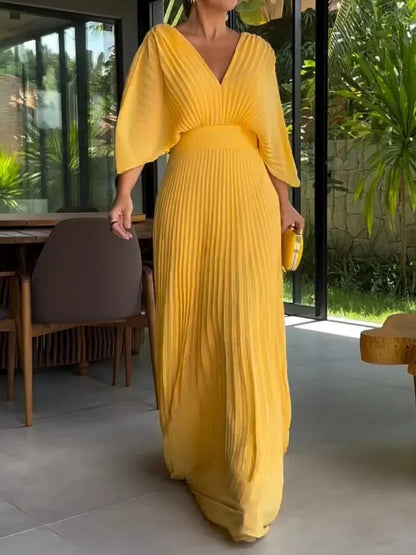 Lovella – V-Neck Pleated Kaftan Maxi Dress