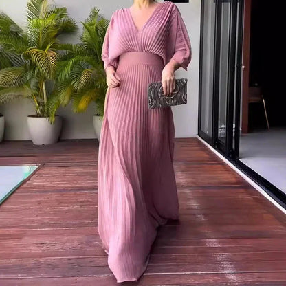 Lovella – V-Neck Pleated Kaftan Maxi Dress