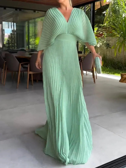Lovella – V-Neck Pleated Kaftan Maxi Dress