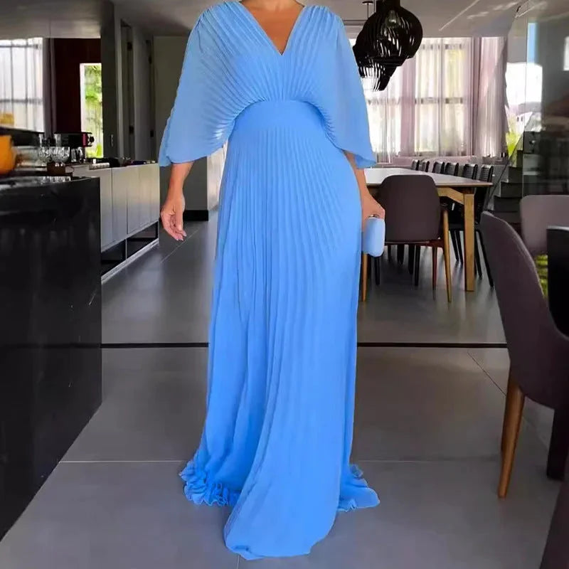 Lovella – V-Neck Pleated Kaftan Maxi Dress