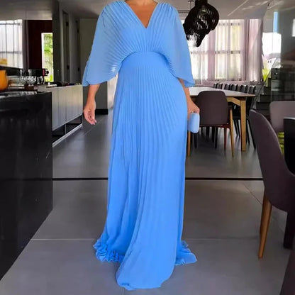 Lovella – V-Neck Pleated Kaftan Maxi Dress