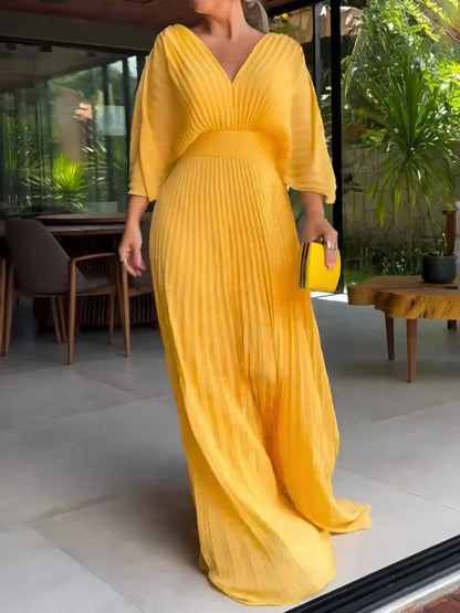 Lovella – V-Neck Pleated Kaftan Maxi Dress