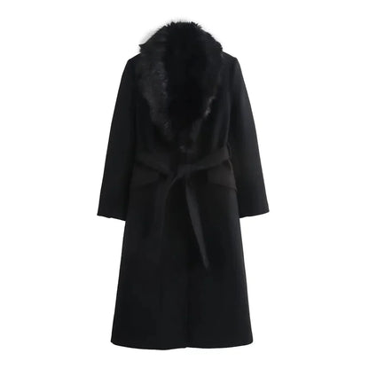 Women’s Long Belted Coat with Faux Fur Collar