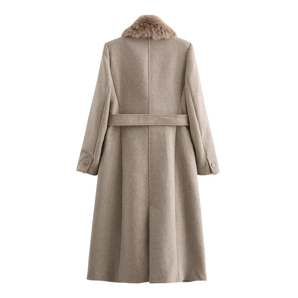 Women’s Long Belted Coat with Faux Fur Collar