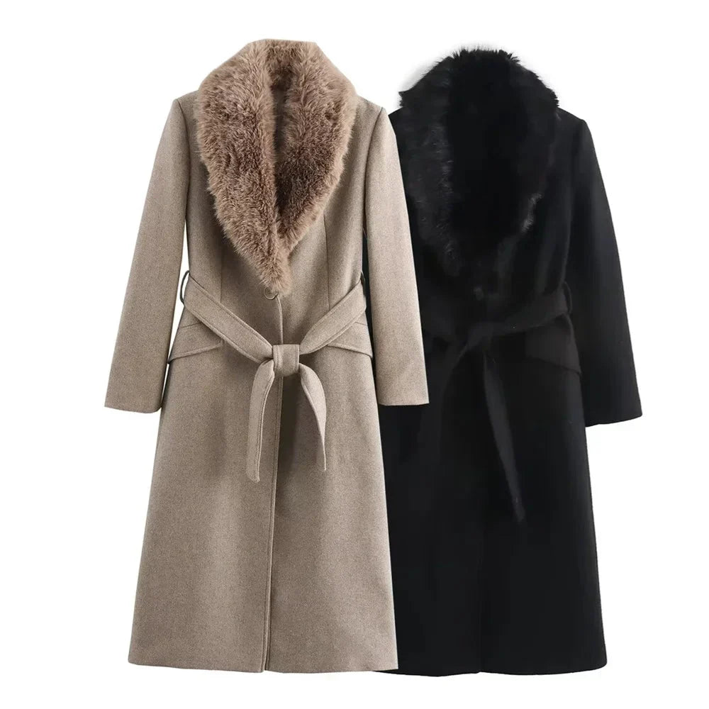 Women’s Long Belted Coat with Faux Fur Collar