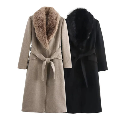 Women’s Long Belted Coat with Faux Fur Collar