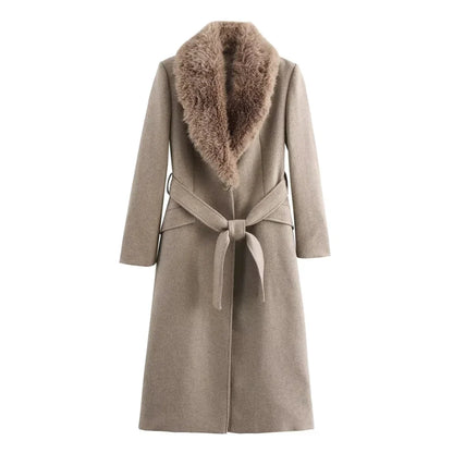 Women’s Long Belted Coat with Faux Fur Collar