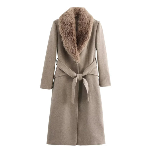 Women’s Long Belted Coat with Faux Fur Collar