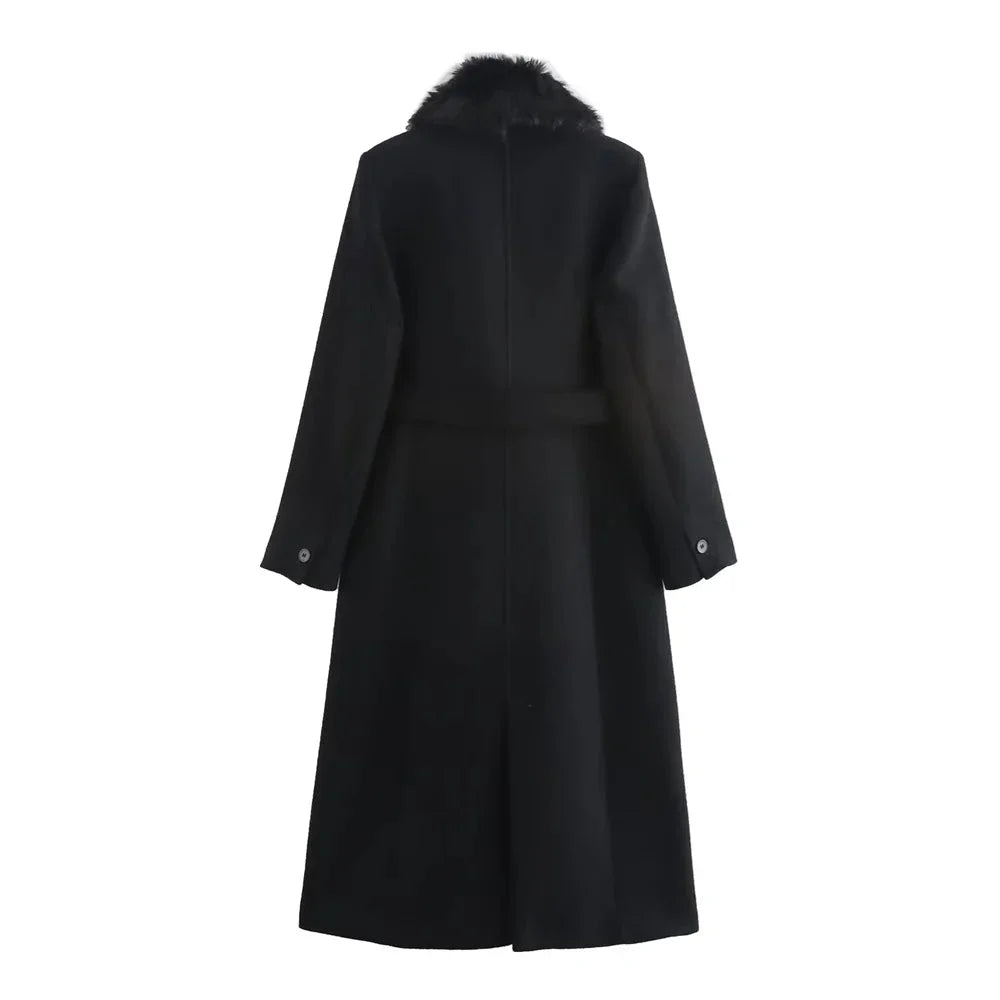 Women’s Long Belted Coat with Faux Fur Collar
