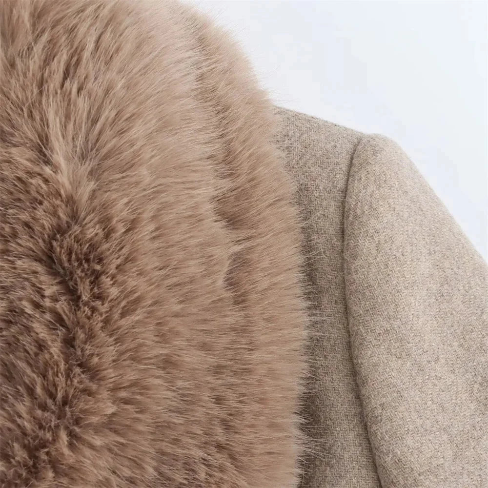 Women’s Long Belted Coat with Faux Fur Collar