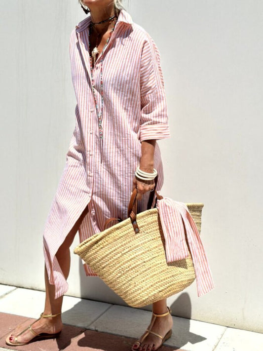 Women’s Striped Button Front Shirt Dress with Relaxed Fit