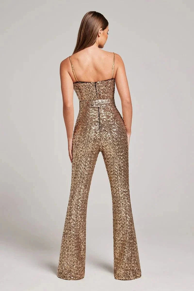 Women’s Strapless Sequin Jumpsuit with Flared Leg Silhouette