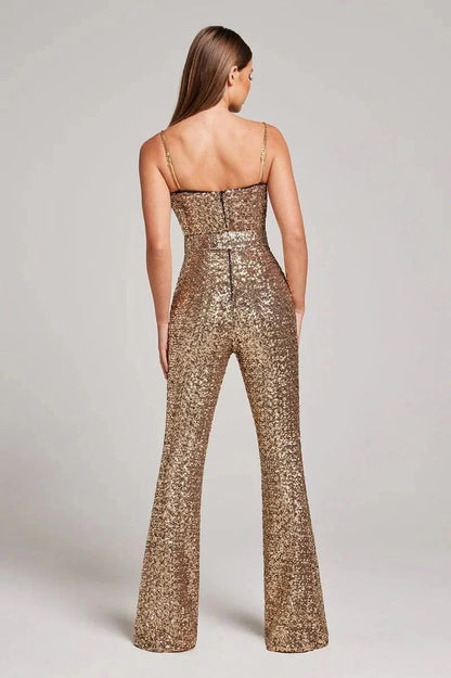 Women’s Strapless Sequin Jumpsuit with Flared Leg Silhouette