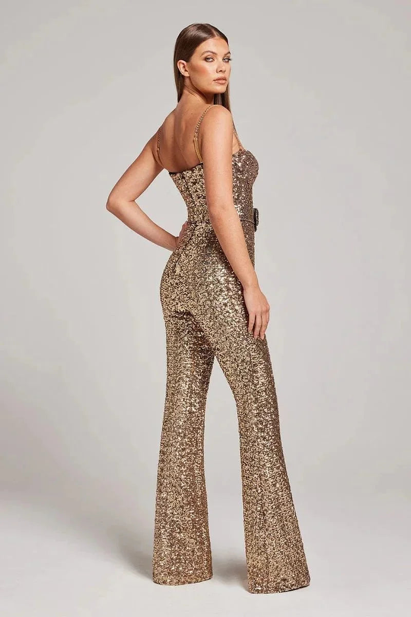 Women’s Strapless Sequin Jumpsuit with Flared Leg Silhouette