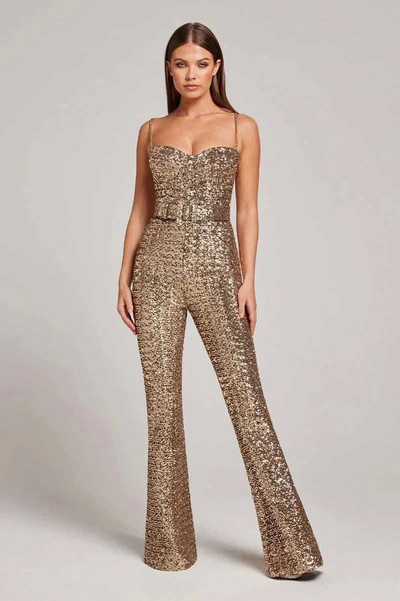 Women’s Strapless Sequin Jumpsuit with Flared Leg Silhouette