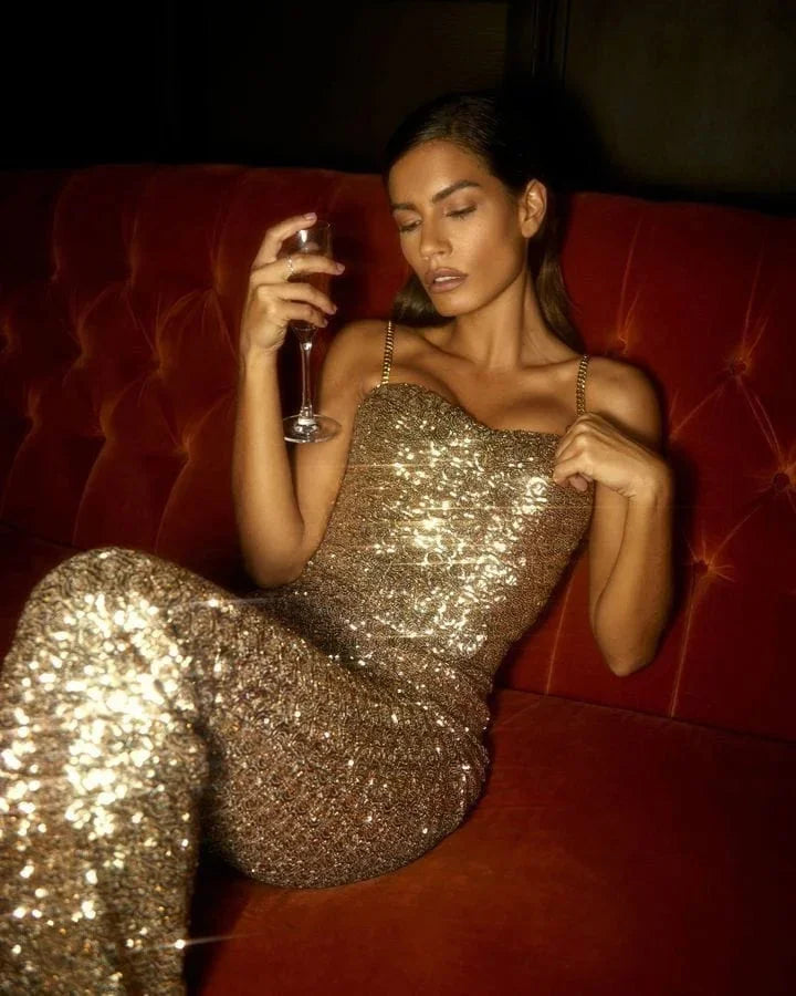 Women’s Strapless Sequin Jumpsuit with Flared Leg Silhouette