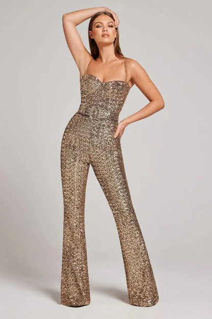 Women’s Strapless Sequin Jumpsuit with Flared Leg Silhouette