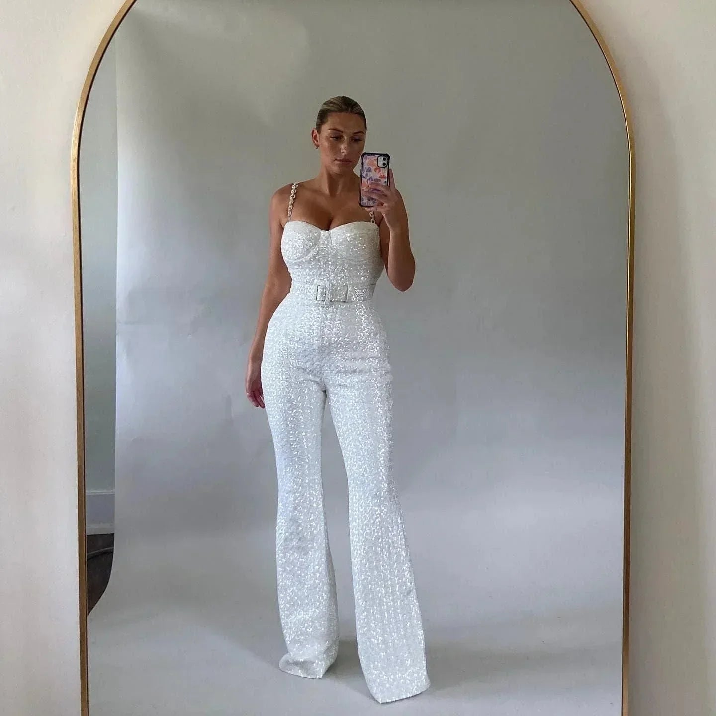 Women’s Strapless Sequin Jumpsuit with Flared Leg Silhouette