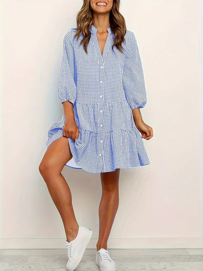 Gingham Mini Dress with 3/4 Sleeves for Women